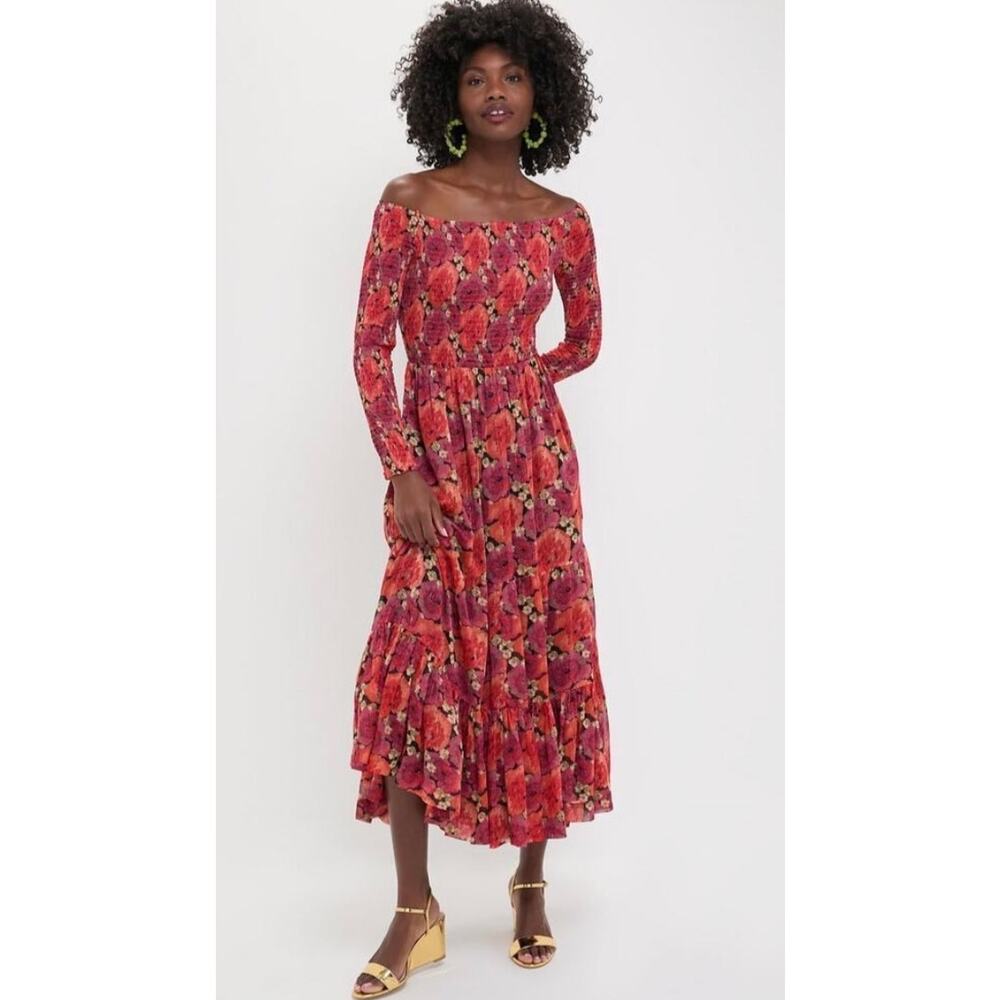 POMANDER PLACE Tuckernuck Rose Chiffon Joni Midi Dress Off Shoulder Sz L New